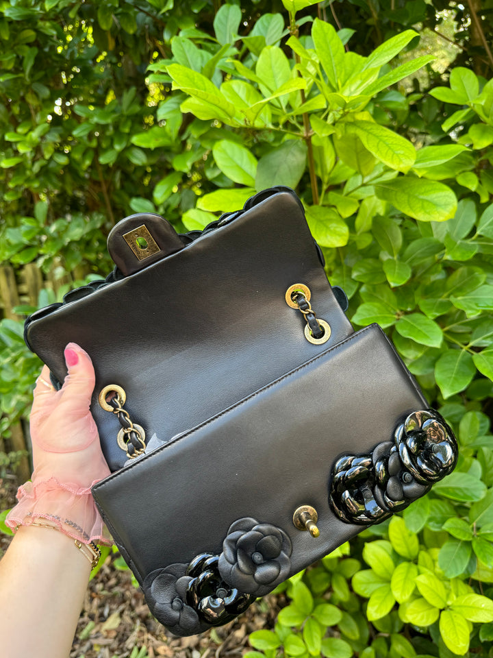 Chanel Black Lambskin Camellia Rose Appliqué Medium Flap Bag