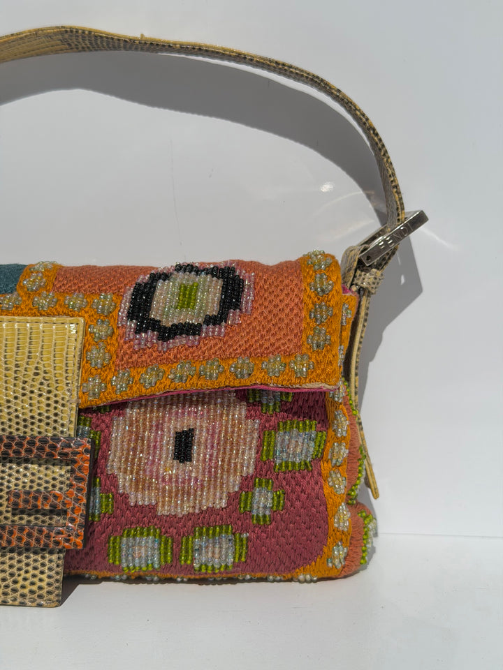 Fendi Multicolor Orange Beaded Baguette Lizard Trim Silver Hardware