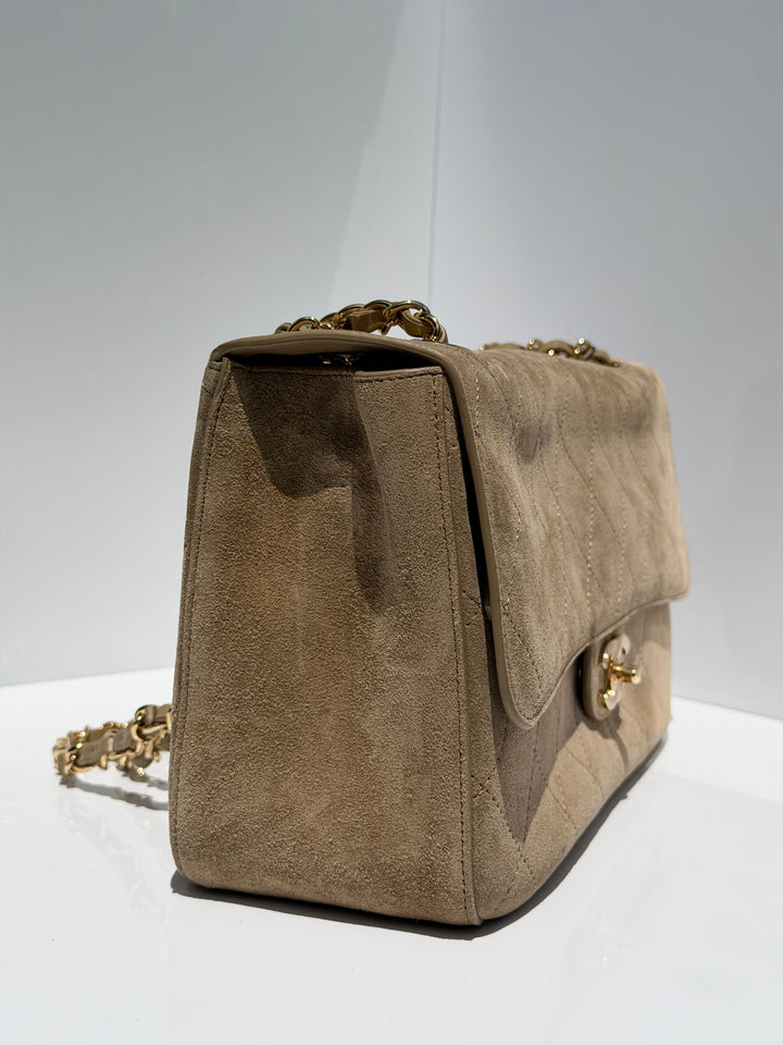 Chanel Maxi Flap Bag Beige Souplissimo Suede Calfskin Gold Tone Hardware 2026