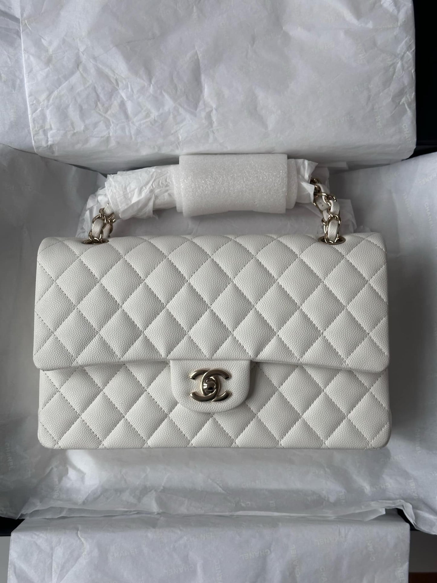 Chanel 22S Snow White Medium Caviar Double Flap Bag