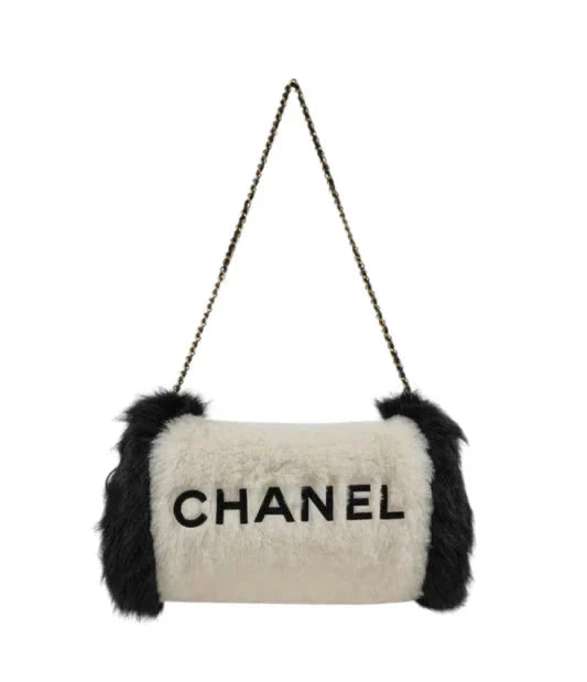 Chanel Jumbo Hand Warmer Shoulder Bag Black Faux Fur Gold Hardware 1990s