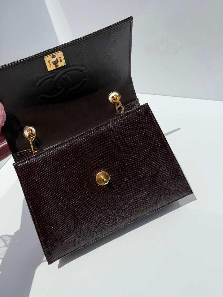 Chanel Small Trapezoid Flap Bag Burgundy Lizard Leather Gold Hardware With Bijoux Chain 1989