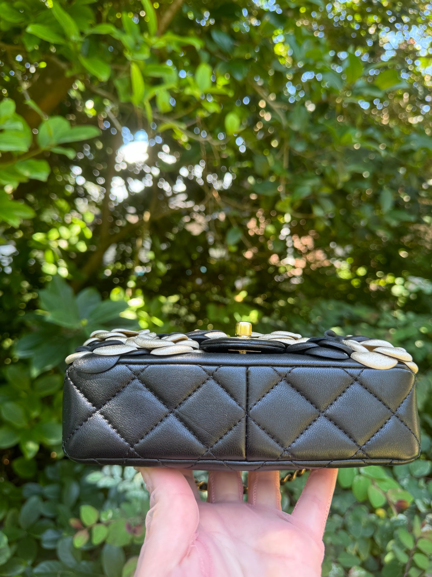 Chanel Metallic Gold And Black Lambskin Camellia Rose Appliqué Mini Rectangle Flap