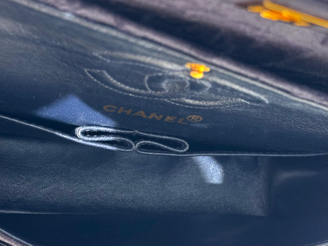 Chanel 1997 Medium 24K Navy Camellia Classic Flap Bag