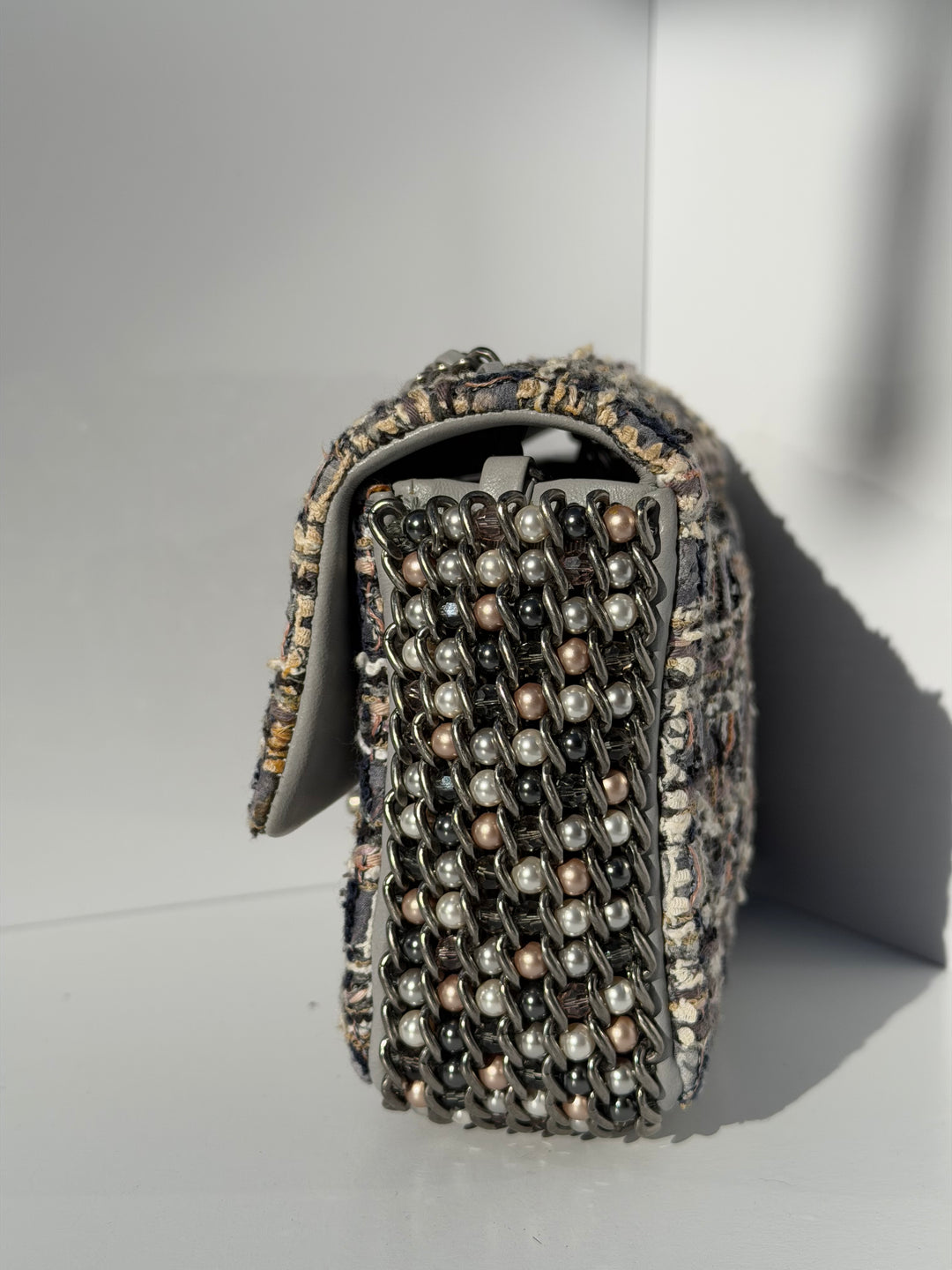 Chanel River of Pearls Mini Flap Quilted Tweed Grey Aged Silver Hardware