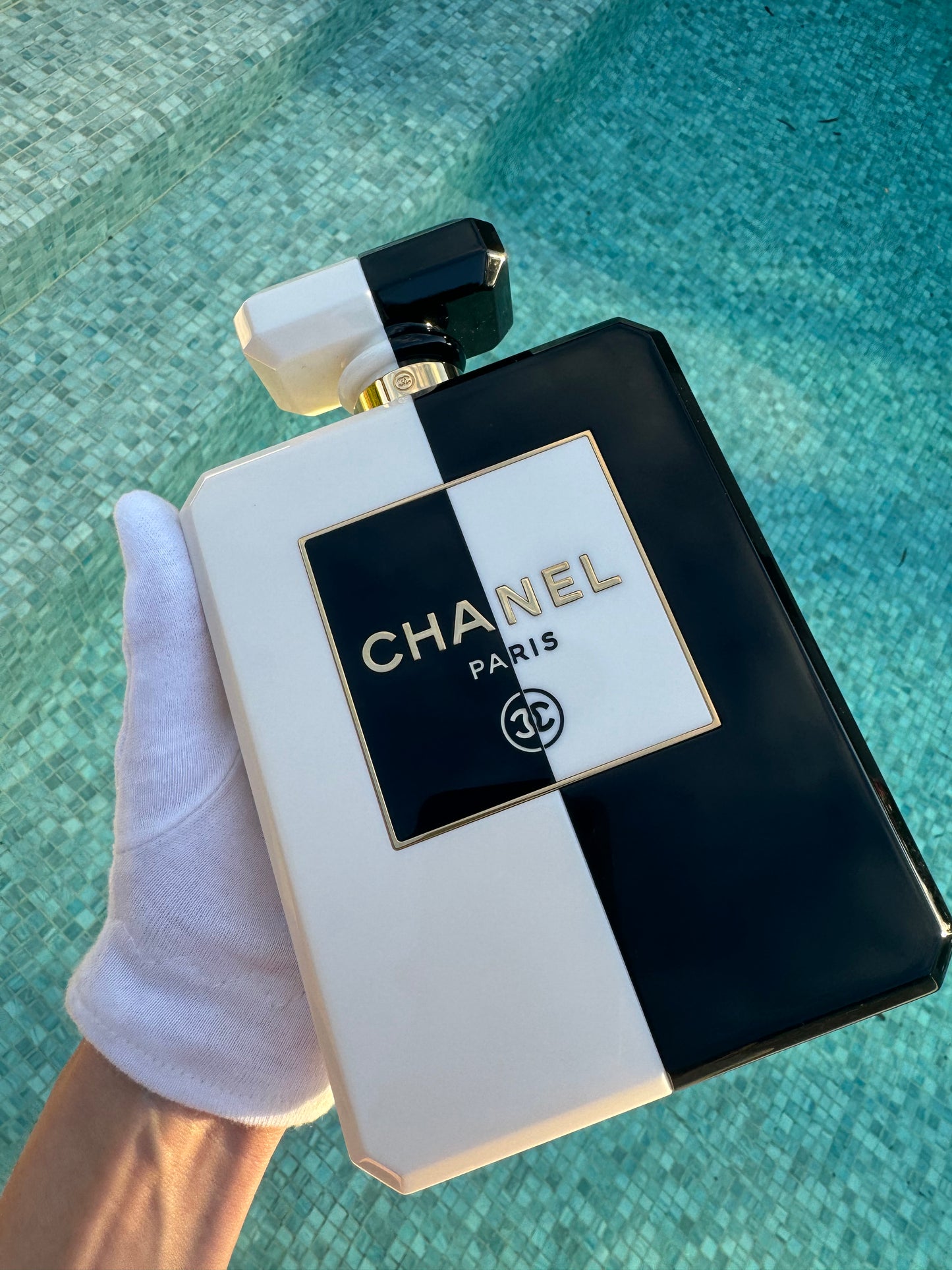 Chanel Black & White Acrylic Plexiglass Perfume Bottle Minaudière