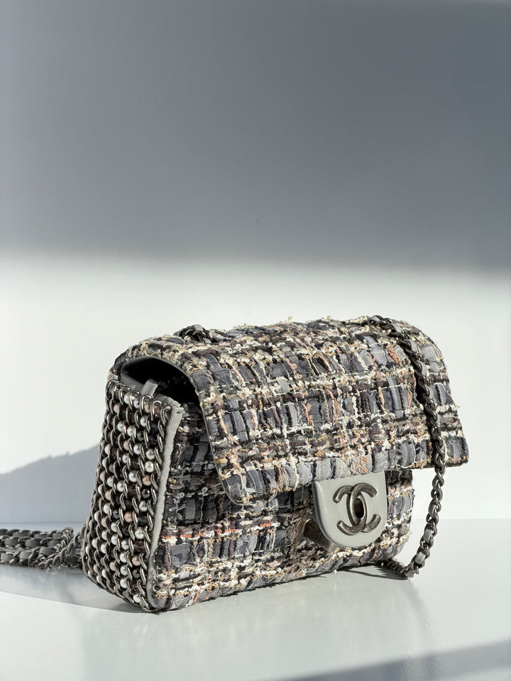 Chanel River of Pearls Mini Flap Quilted Tweed Grey Aged Silver Hardware