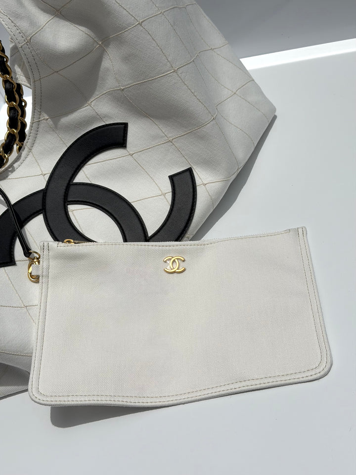 Chanel Coco Beach Maxi Shopping Bag White Denim Black Calfskin Gold Hardware 2026