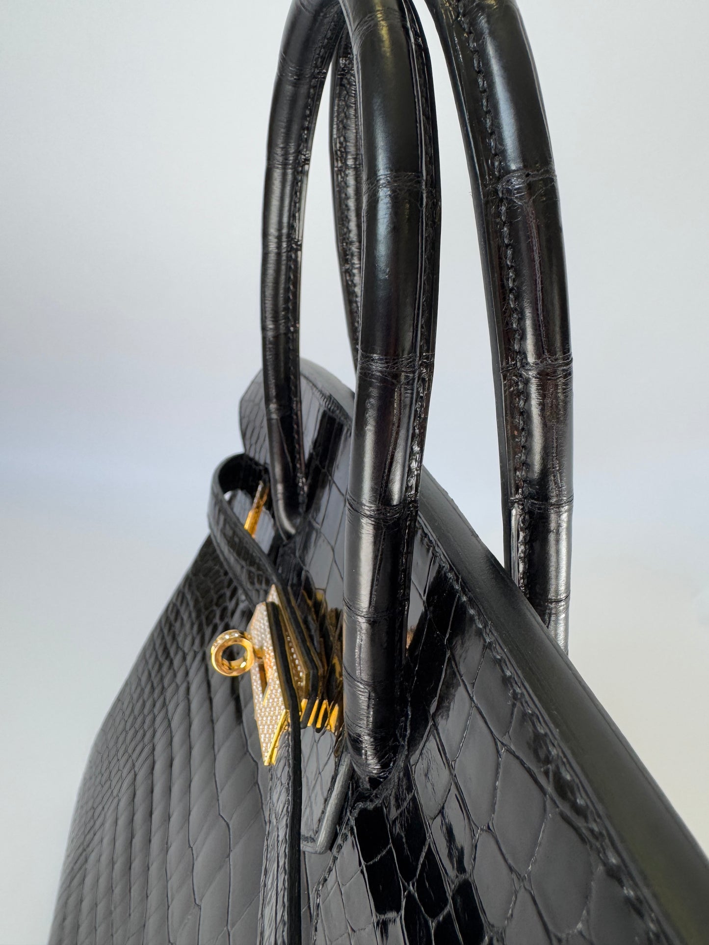 Hermes 18K Yellow Gold Diamond Black Porosus Crocodile Birkin 35