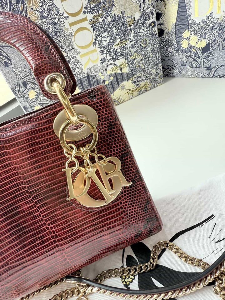 Christian Dior Lady Dior Mini Top Handle Lizard Burgundy Gold Hardware