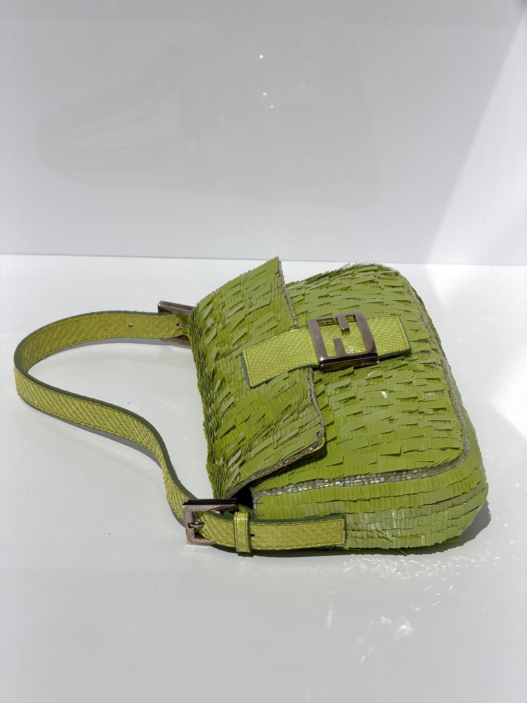 Fendi Lime Green Sequin Baguette Python Trim Silver Hardware 2000