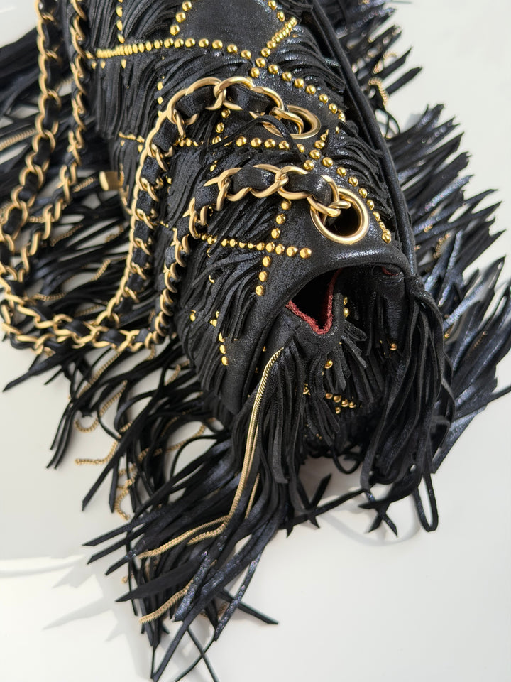 Chanel Paris-Dallas Medium Fringe Flap Bag Black Iridescent Leather Brushed Gold Tone Hardware 2014