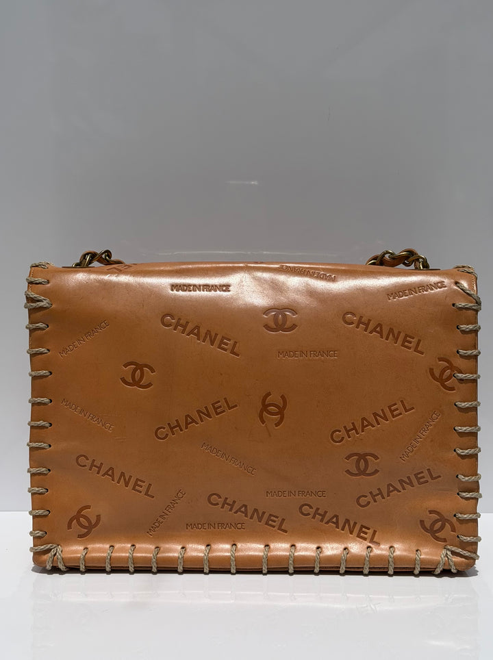 Chanel Jumbo Classic Flap Bag Tan Debossed Logo Calfskin Whipstitched Gold Hardware 1994