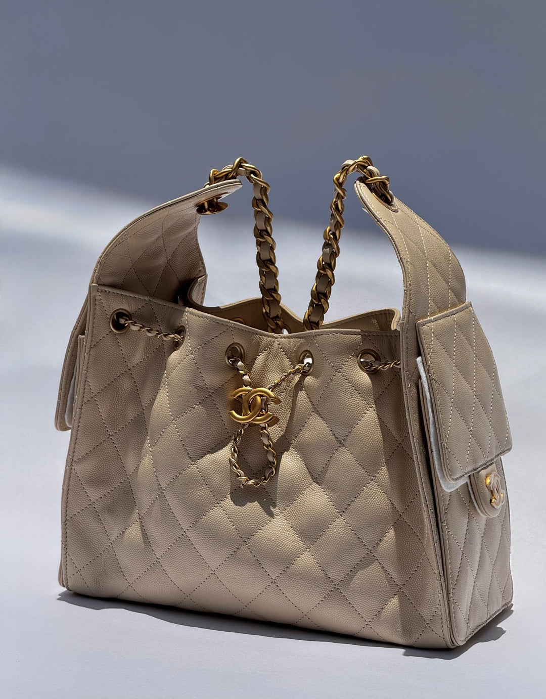 Chanel 25 Beige Small Caviar Hobo Bag