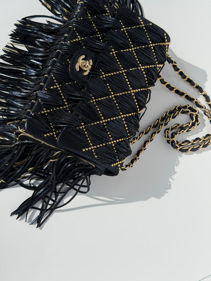 Chanel Paris-Dallas Medium Fringe Flap Bag Black Iridescent Leather Brushed Gold Tone Hardware 2014