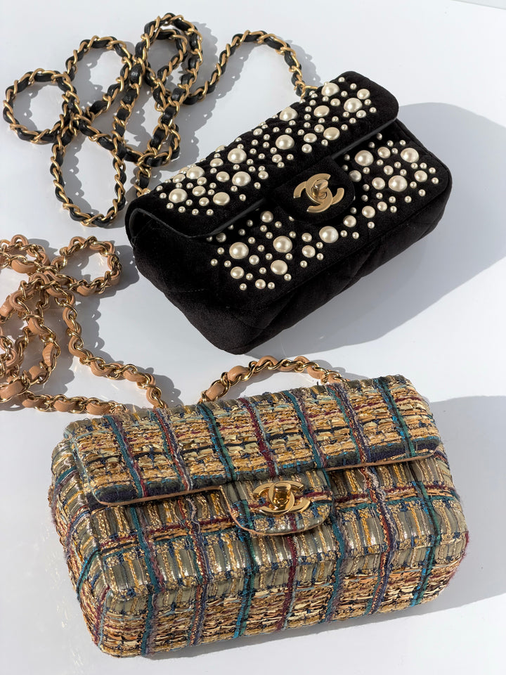 Chanel Black Velvet Mini Pearl Flap Bag