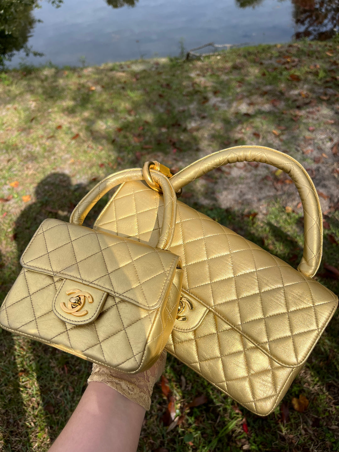 Chanel Vintage Kelly Parent & Child Metallic Lambskin Set