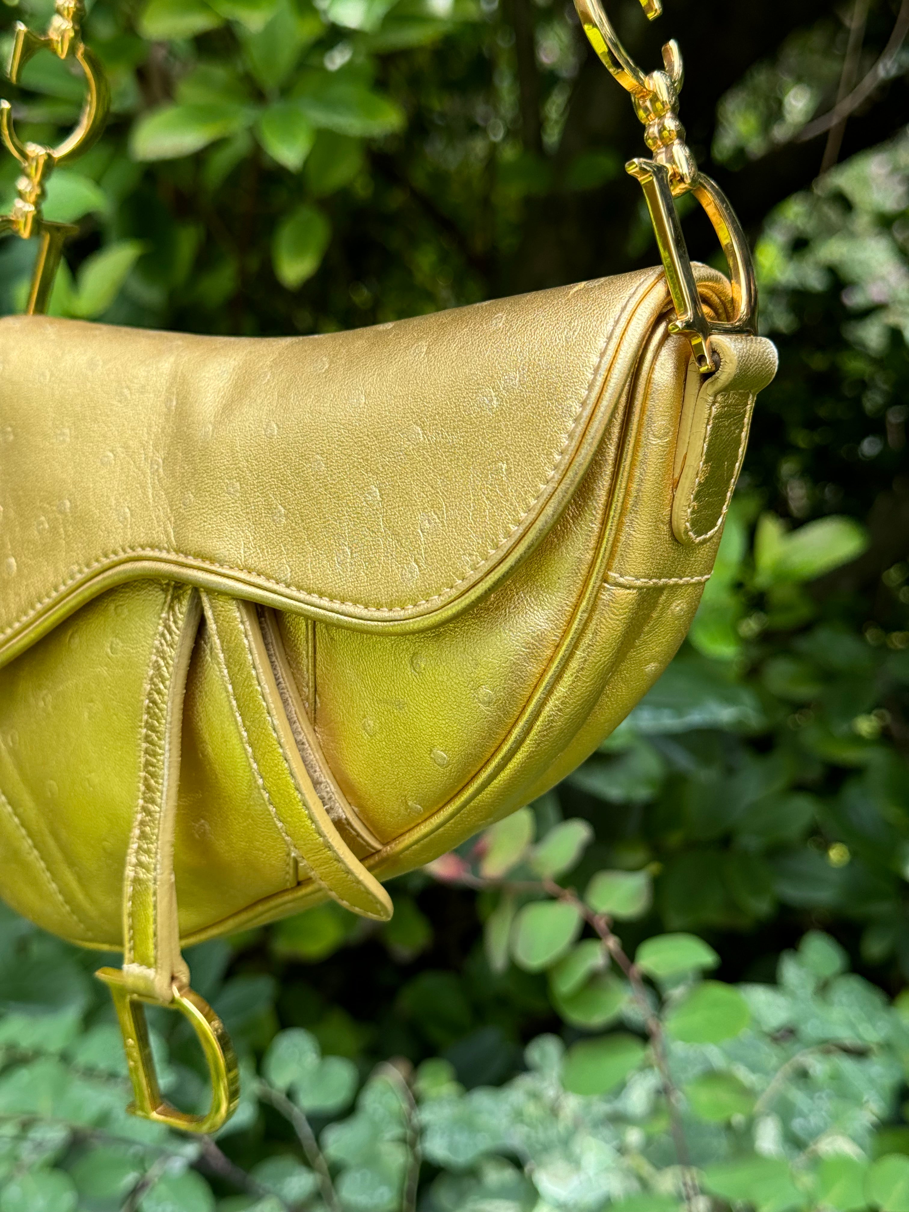 Christian Dior Metallic Gold Ostrich Saddle + Matching Pouch – Its