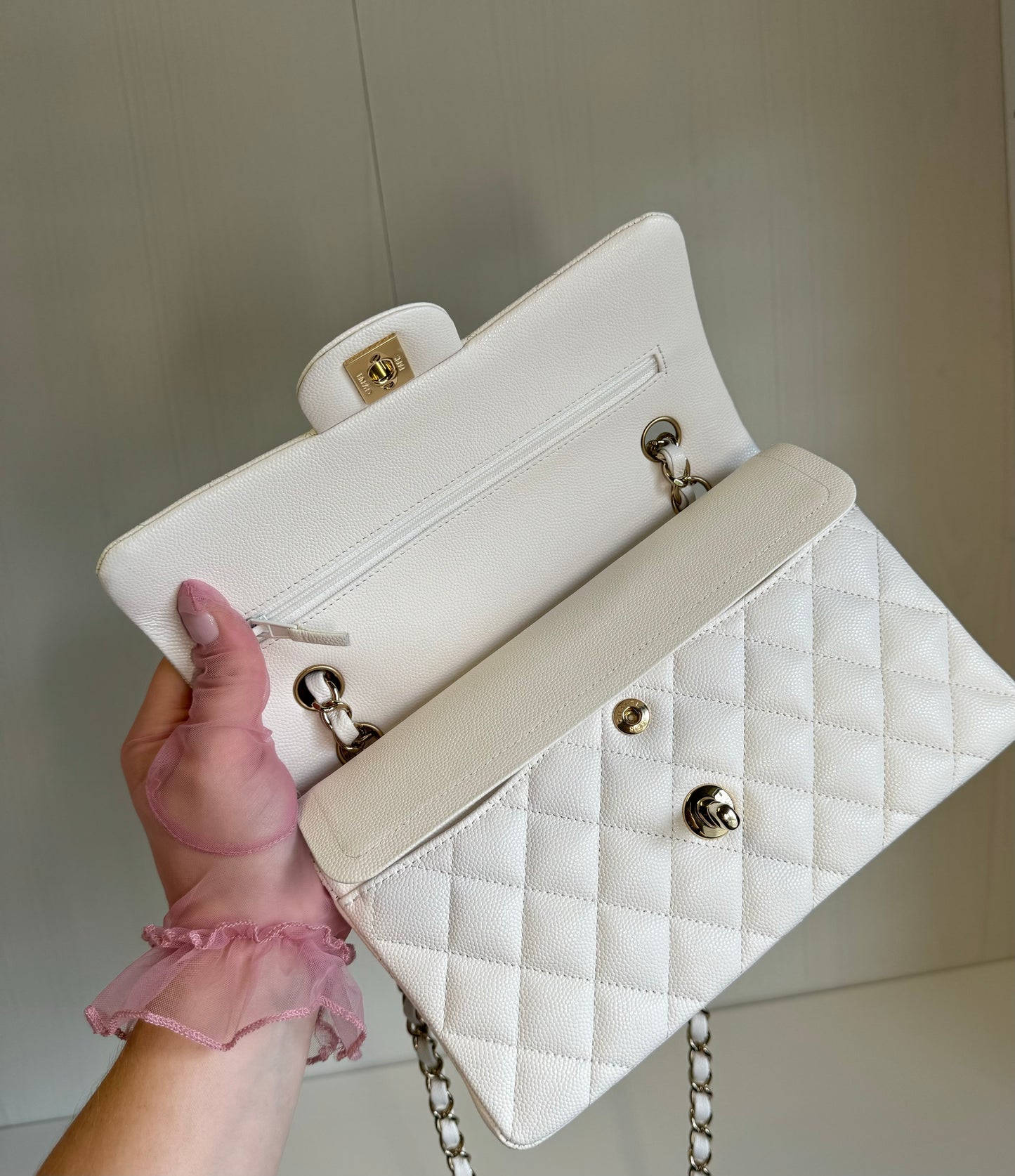 Chanel White Small Caviar Classic Flap Bag