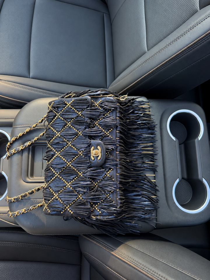 Chanel Paris-Dallas Medium Fringe Flap Bag Black Iridescent Leather Brushed Gold Tone Hardware 2014