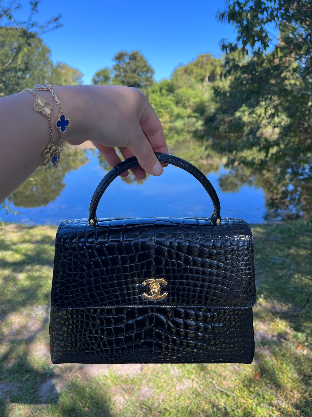 Chanel Vintage Small Crocodile Top Handle Flap Bag