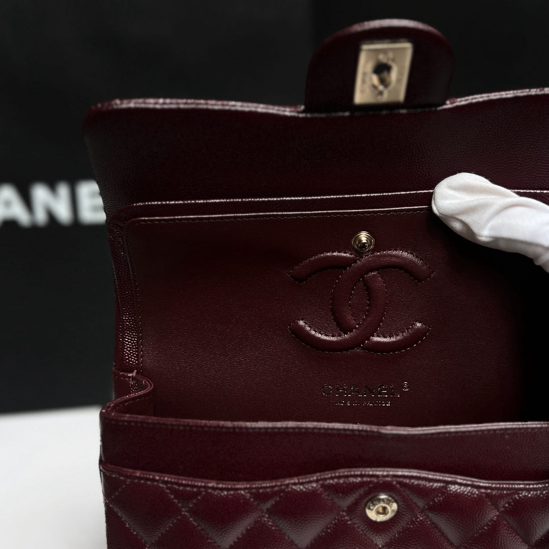 Chanel Small Classic Double Flap Caviar Burgundy Light Gold Hardware 2021