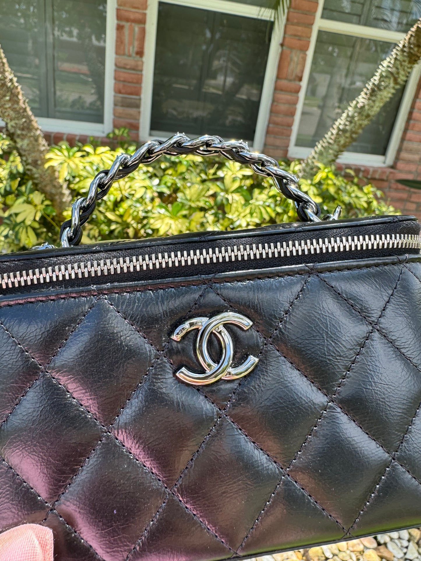 Chanel Shiny Calfskin Quilted Small Crystal Top Handle Vanity W Chain