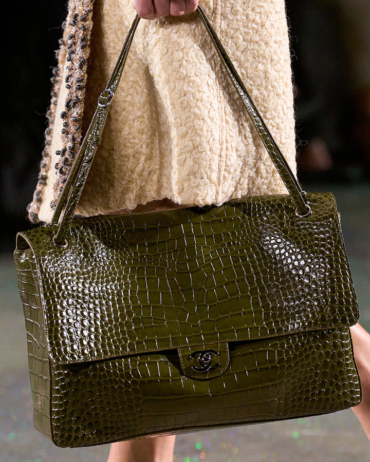 Chanel Maxi Flap Bag Khaki Crocodile Embossed Calfskin Silver Tone Hardware 2026