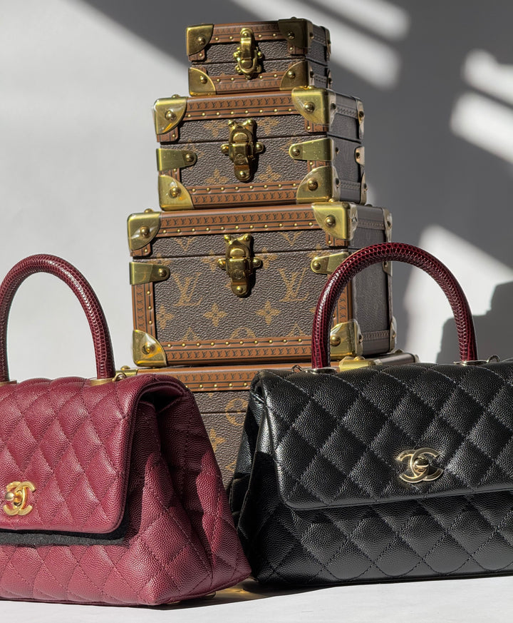 Chanel Small Black Caviar Coco + Burgundy Lizard Top Handle