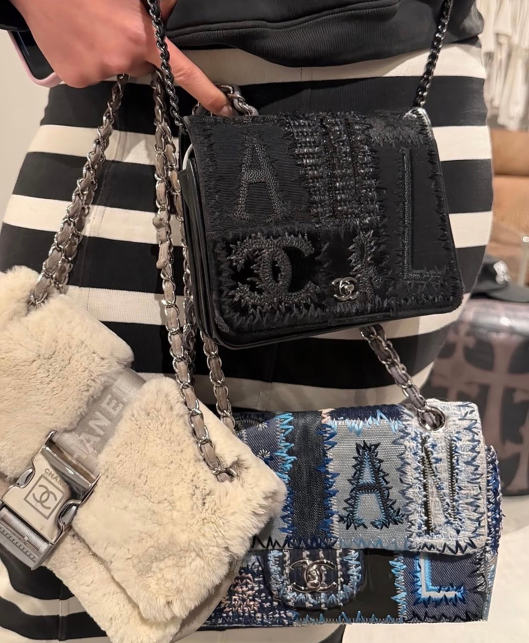Chanel Black Mixed Media Patchwork Square Wallet on Chain Silver Hardware 2018