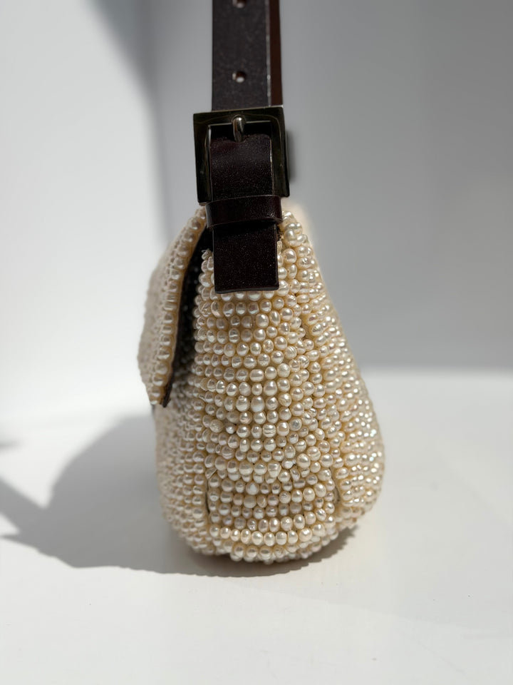 Fendi Pearl Embellished Baguette Brown Leather Trim Silver Hardware 2009