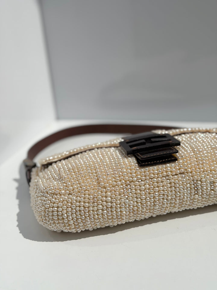 Fendi Pearl Embellished Baguette Brown Leather Trim Silver Hardware 2009