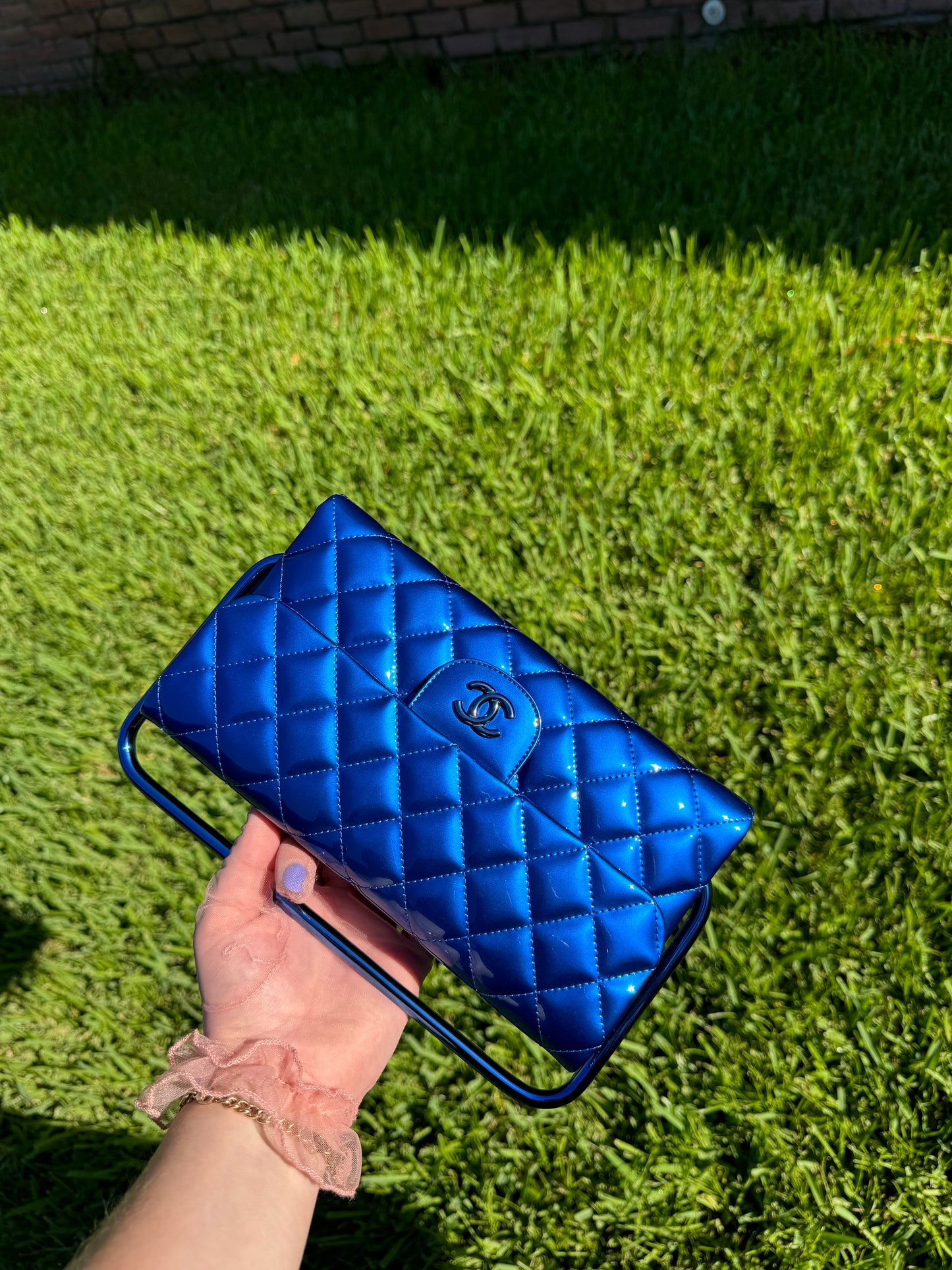 Chanel Classic Flap Patent Metallic Blue Frame Clutch