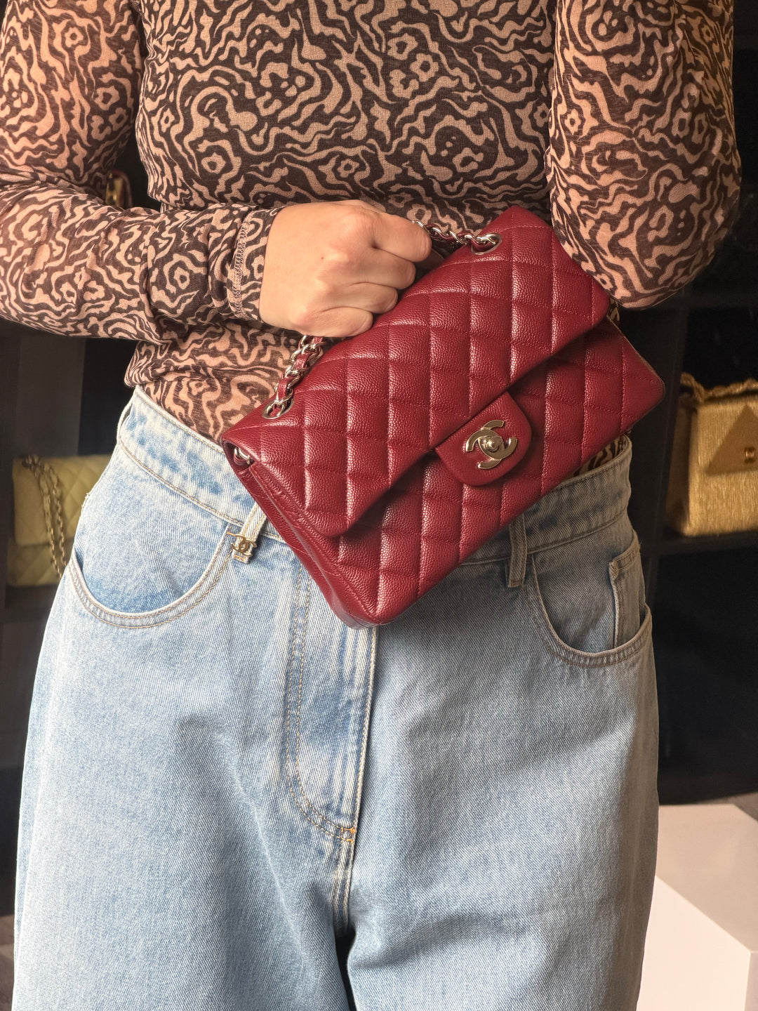 Chanel Small Classic Double Flap Caviar Burgundy Silver Hardware 2020