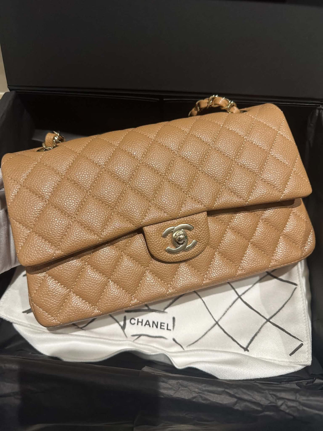 Chanel Medium Classic Flap Bag Dark Beige Caviar Gold Tone Hardware 2018