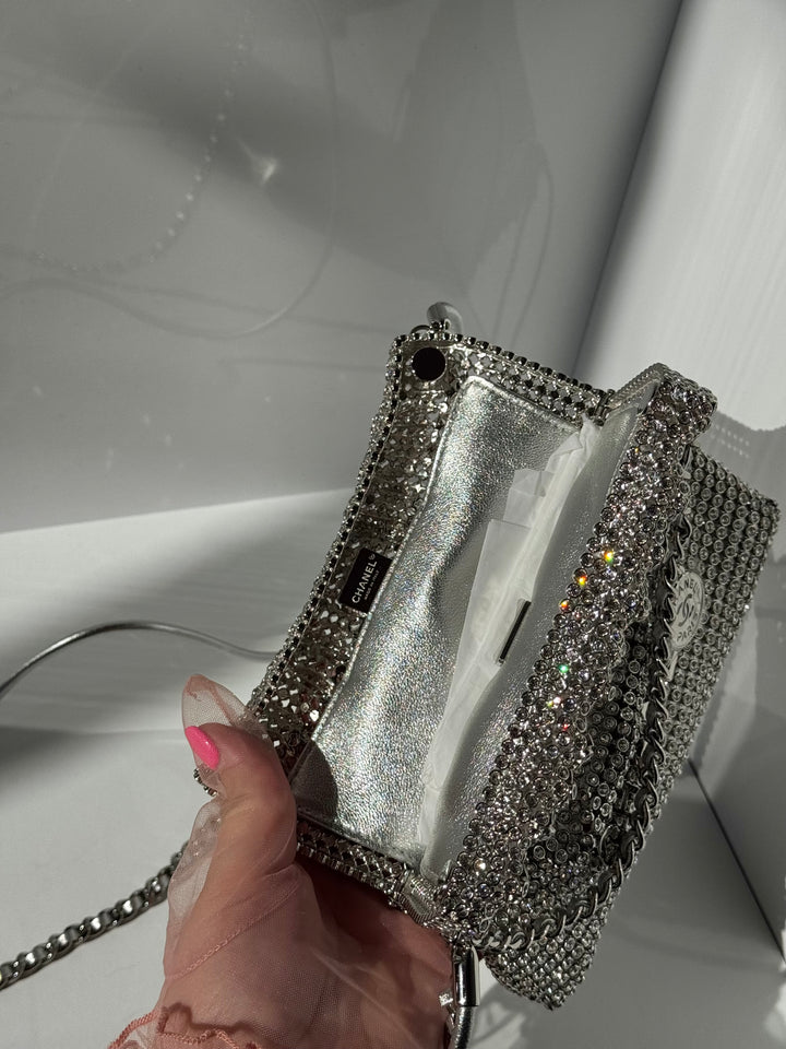 Chanel Mini Chanel 22 Crystal Embellished Metallic Lambskin Silver Silver Hardware