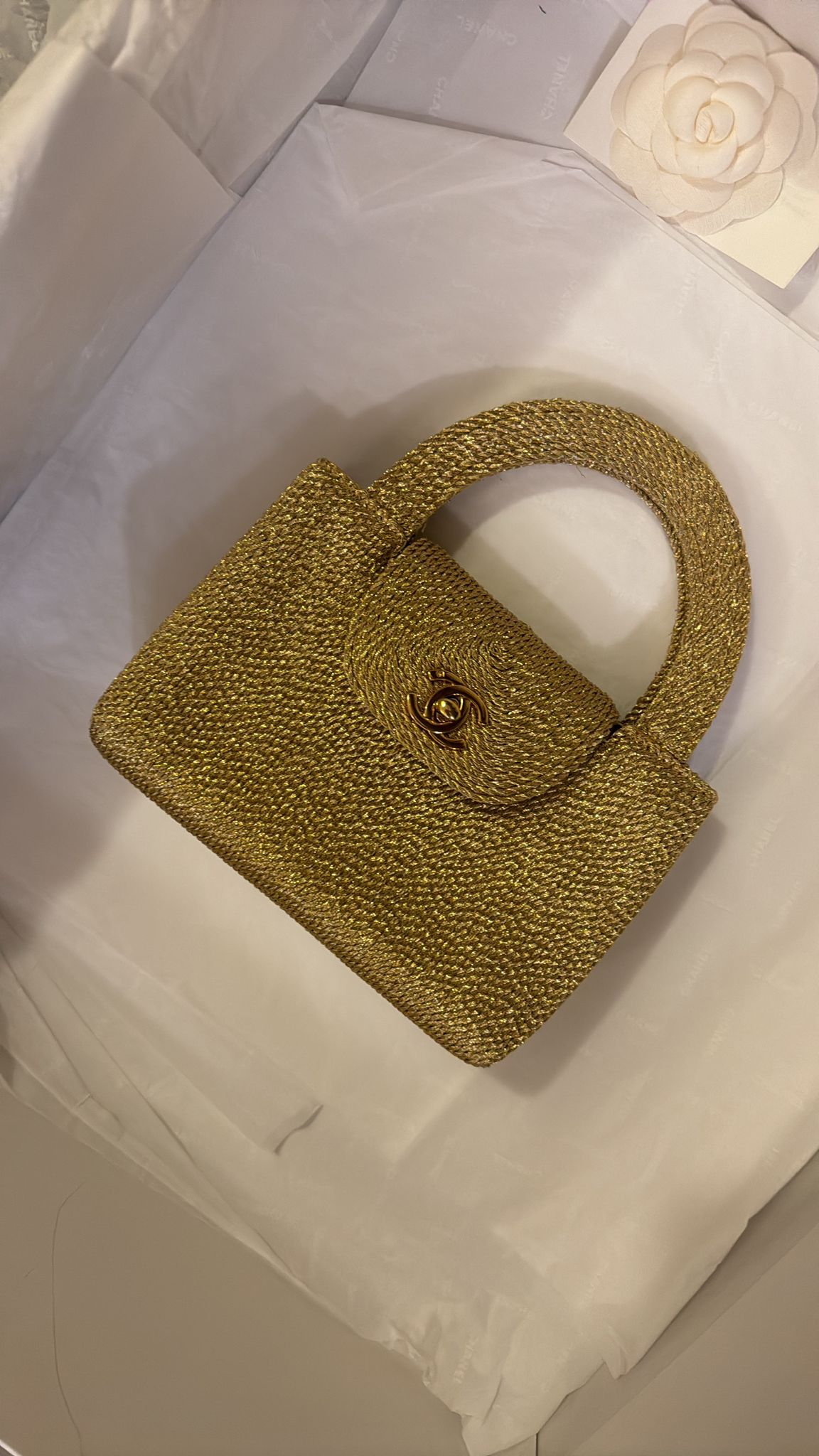 Chanel RARE 1998 Gold Silk Woven Mini Kelly