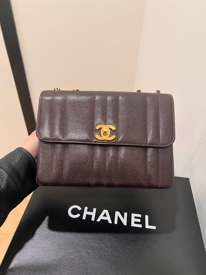 Chanel Mademoiselle Vertical Flap Brown Caviar Gold Hardware 1994