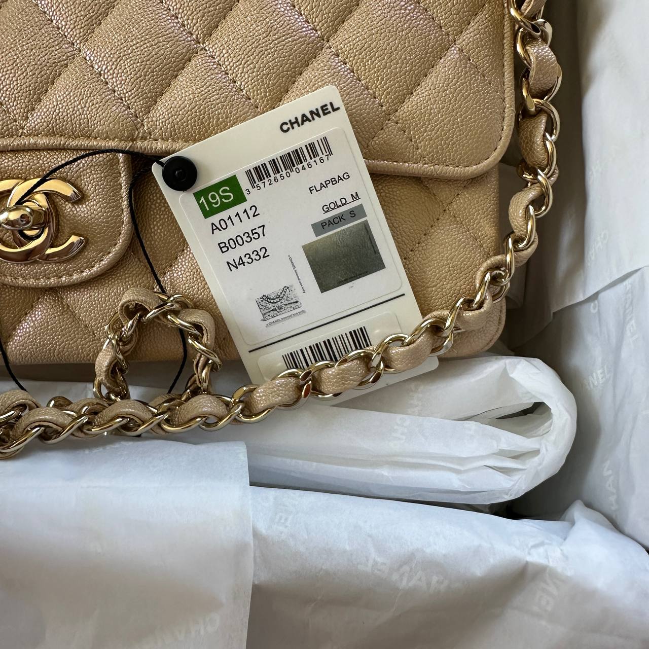 Chanel 19S Beige Iridescent Medium Caviar Classic Flap