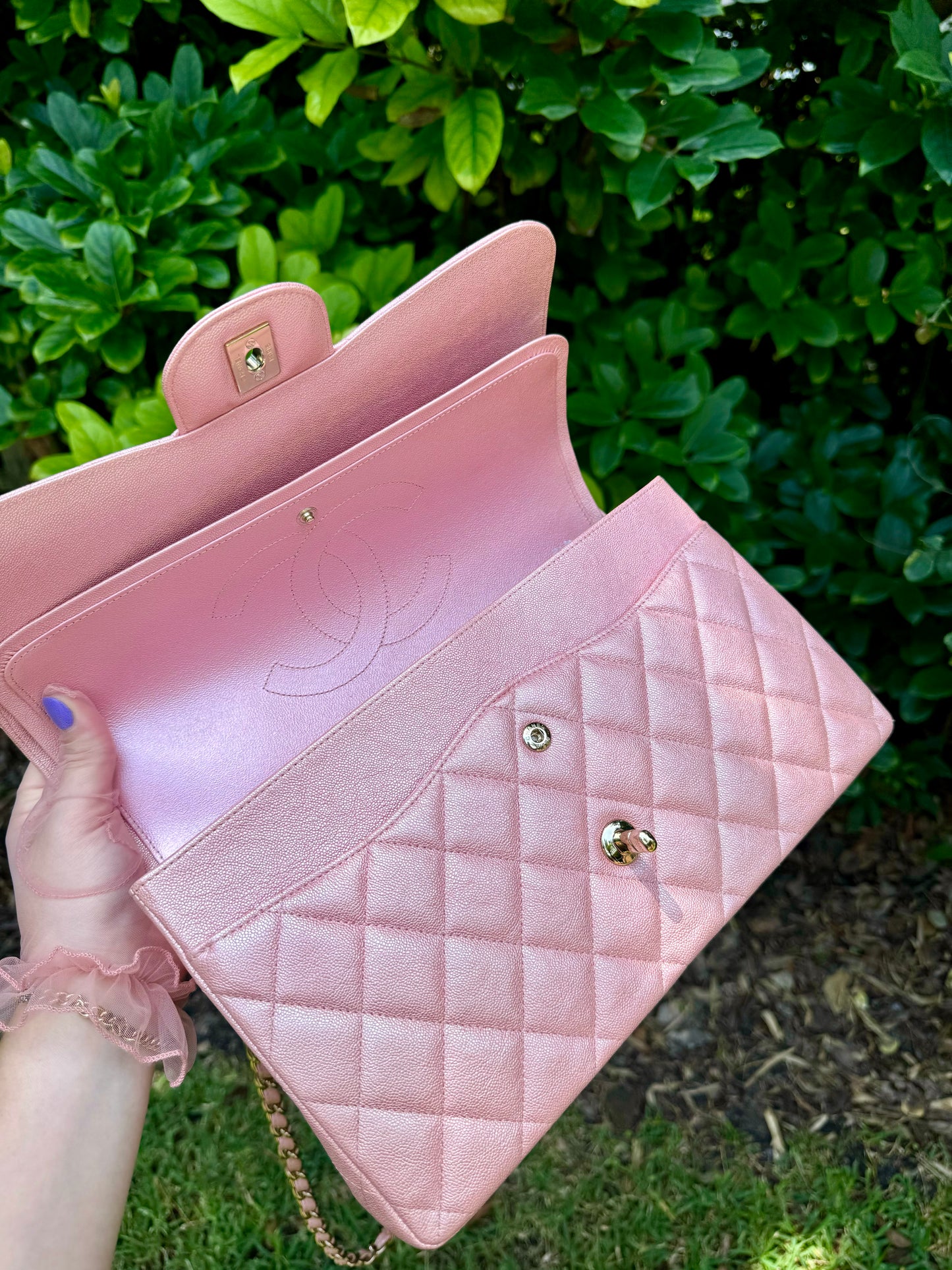 Chanel 19S Pink Iridescent Jumbo Caviar Double Flap Bag