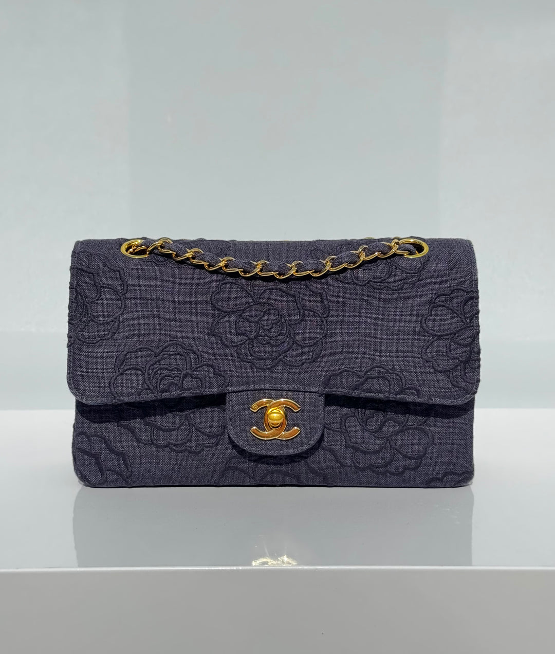 Chanel 1997 Medium 24K Navy Camellia Classic Flap Bag
