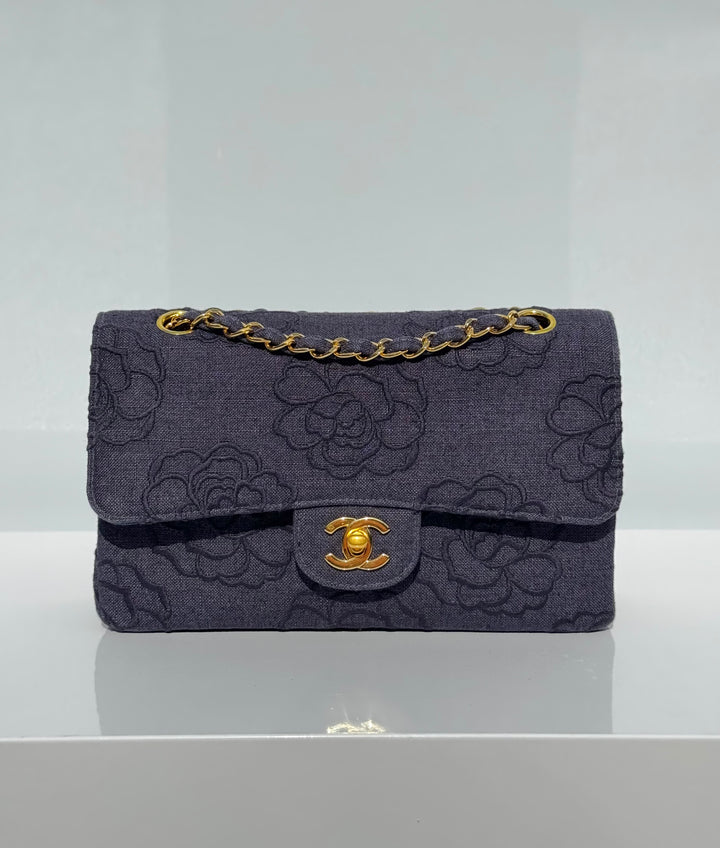 Chanel 1997 Medium 24K Navy Camellia Classic Flap Bag