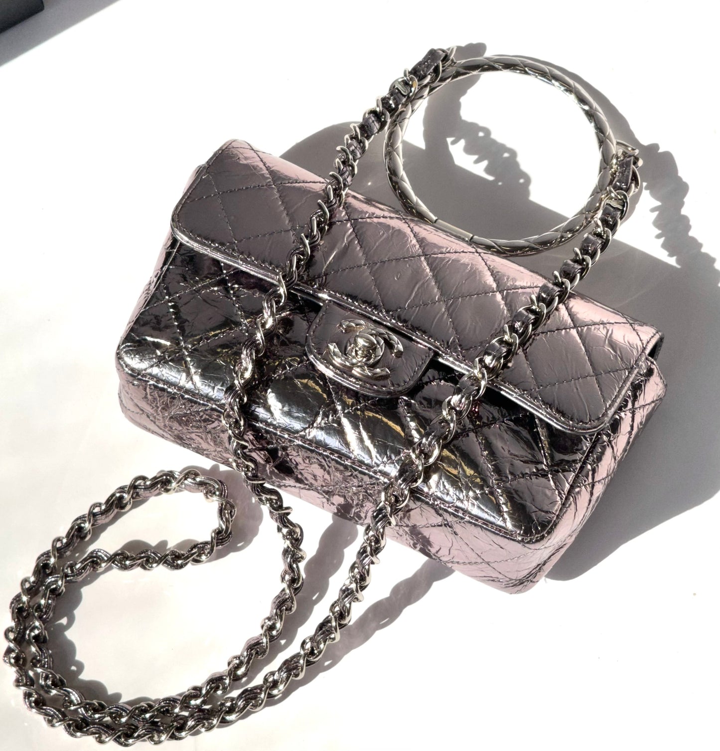 Chanel Metallic Calfskin Mini Ring Handle Flap Bag