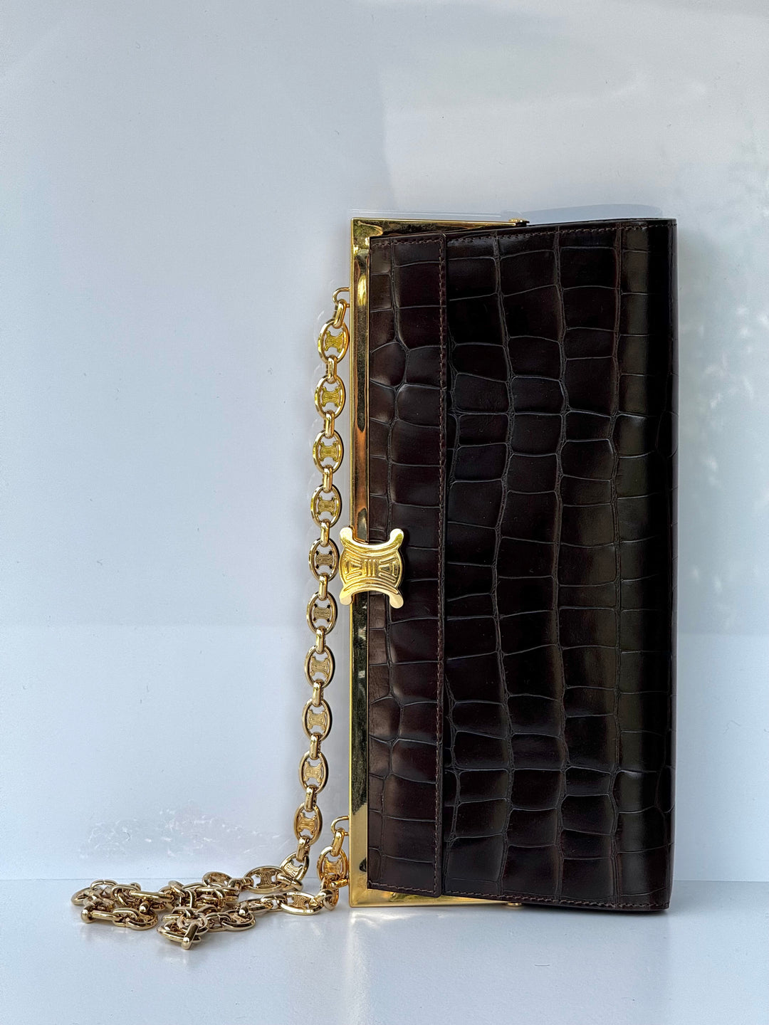 Celine Croc Embossed Brown Shoulder Clutch Bag