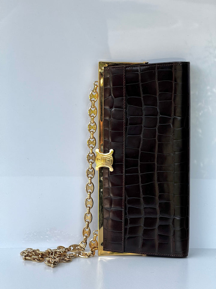 Celine Croc Embossed Brown Shoulder Clutch Bag