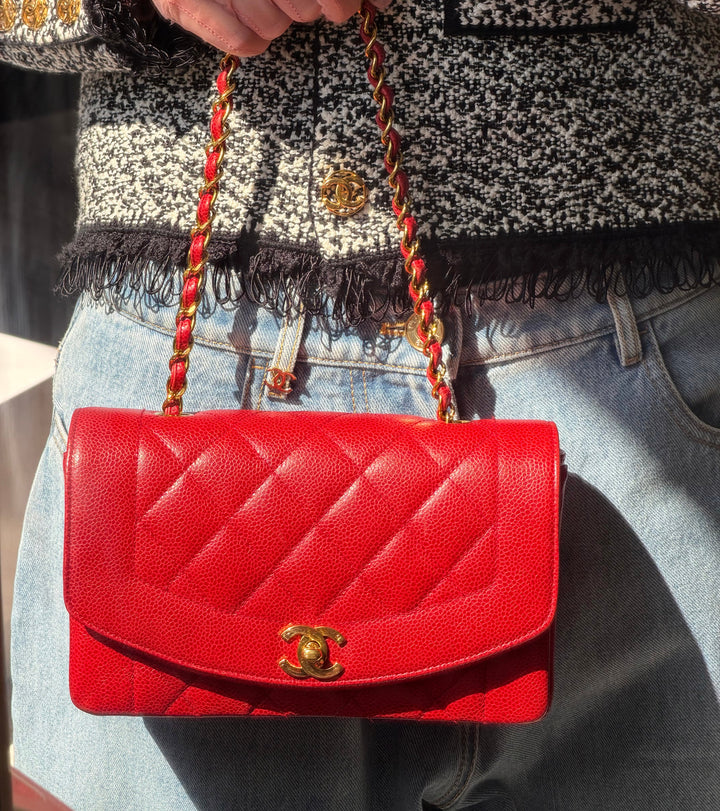Chanel Small Diana Flap Bag Caviar Red 24K Plated Gold Hardware 1994