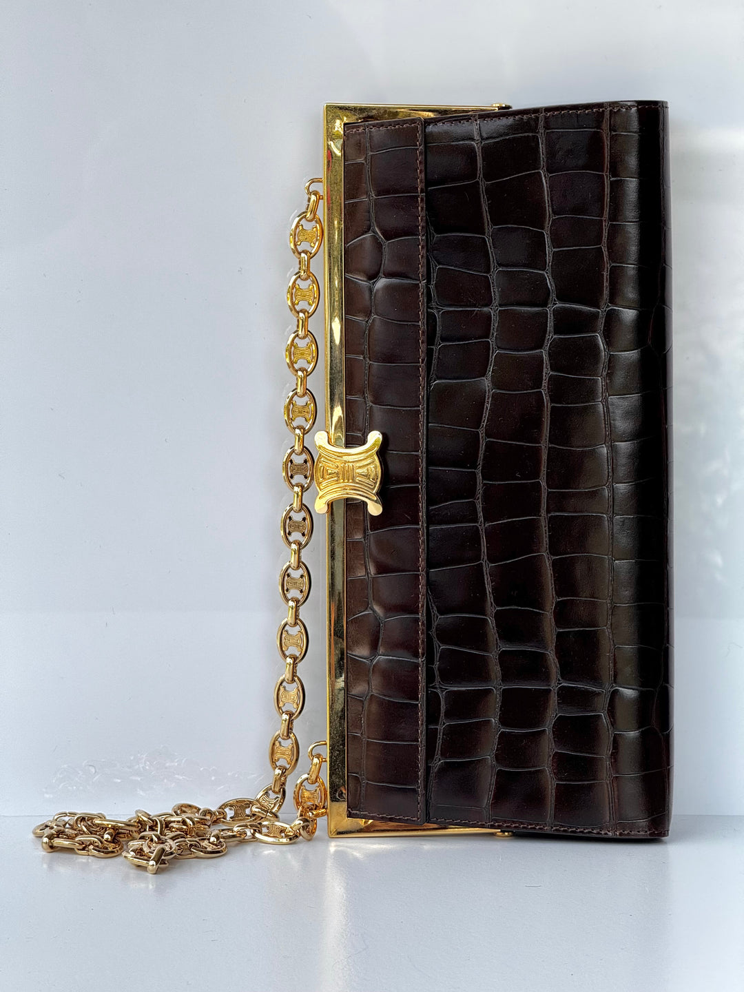 Celine Croc Embossed Brown Shoulder Clutch Bag