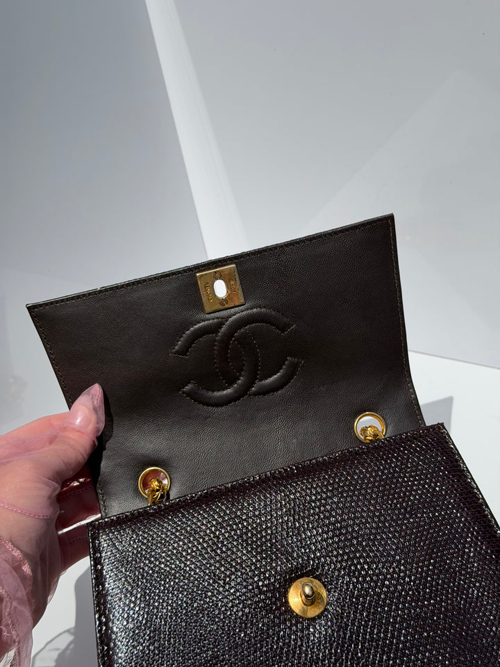 Chanel Small Trapezoid Flap Bag Burgundy Lizard Leather Gold Hardware With Bijoux Chain 1989