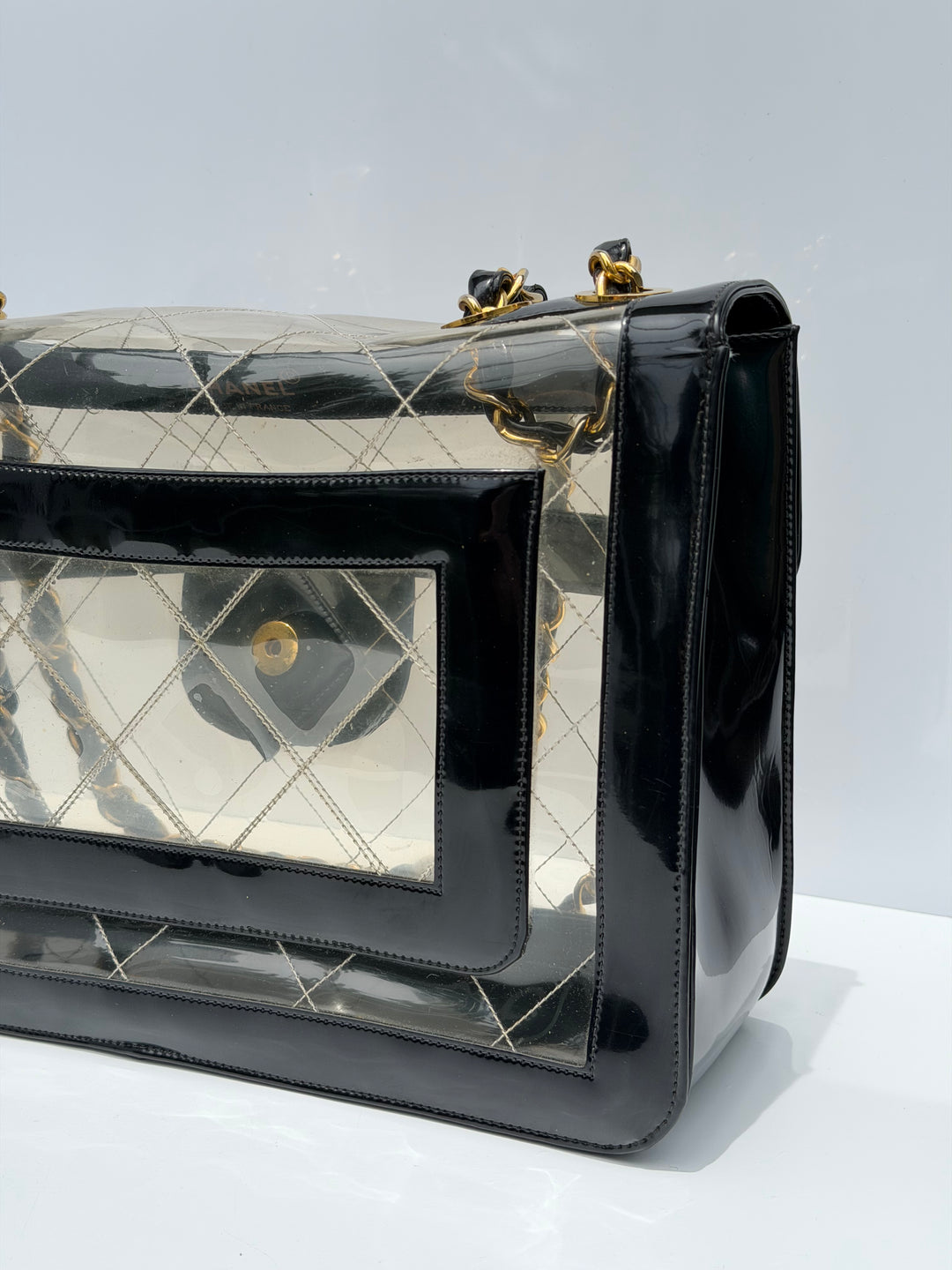 Chanel Maxi Classic Flap Bag Clear Vinyl Black Patent Leather Gold Hardware 1994