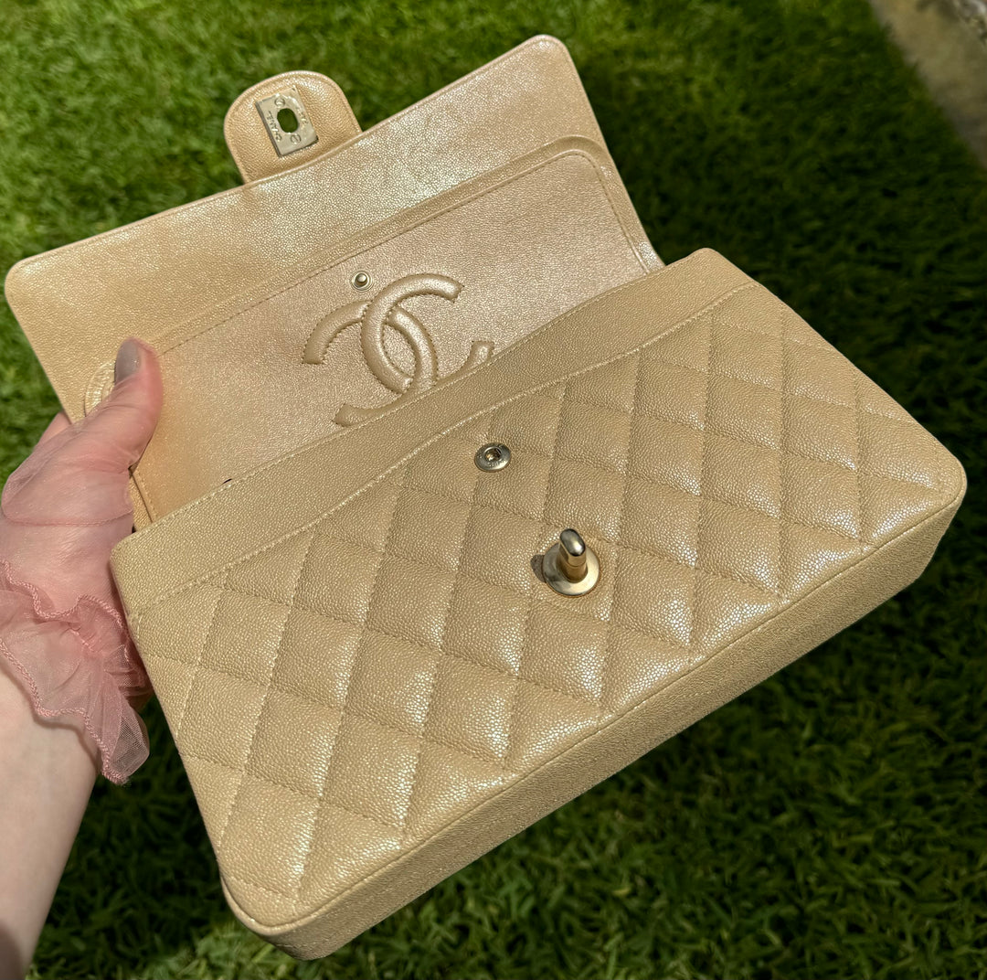 Chanel 19S Beige Iridescent Medium Caviar Classic Flap